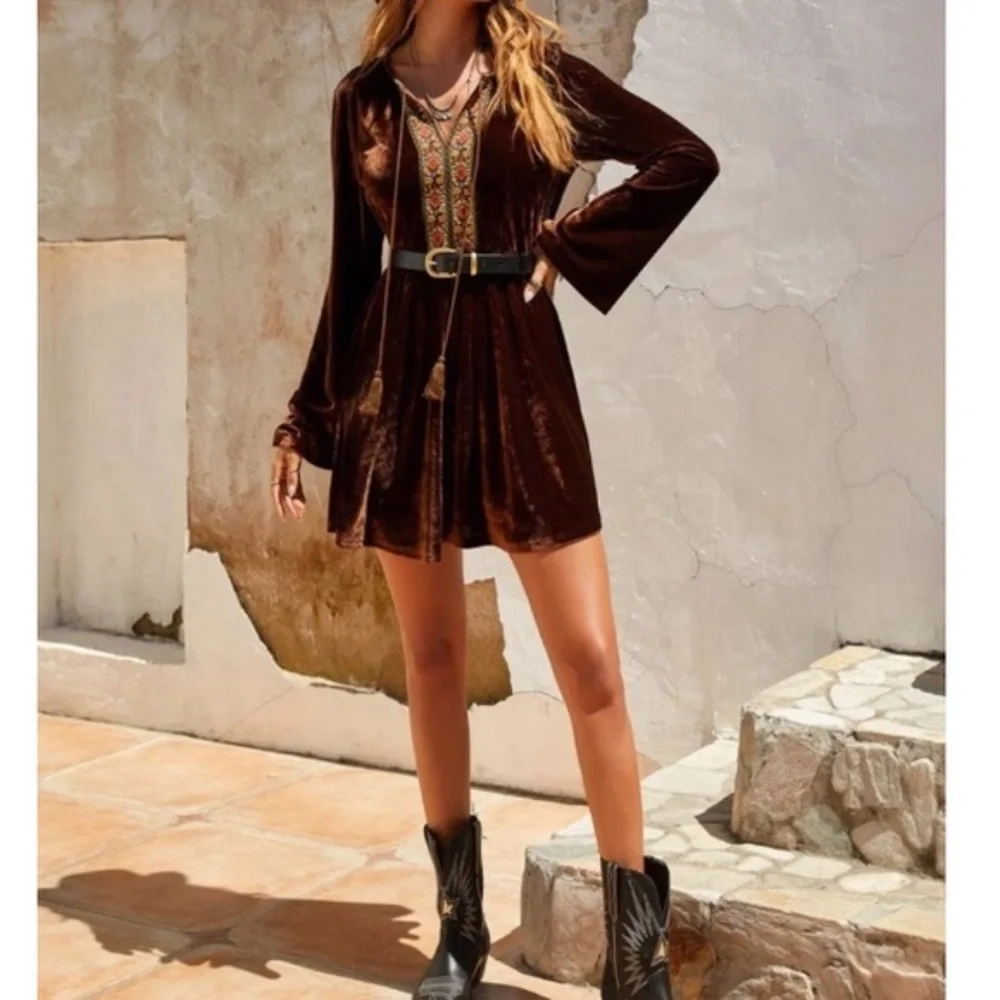 Bohemian Black Floral Embroidered Velvet Mini Dress - Picture 8 of 14